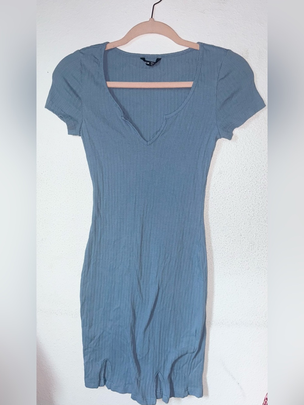 Shein Fitted Ribbed V-Neck Blue Dress